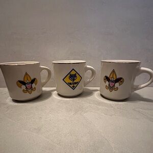 Set Of 3 CUB & BOY SCOUT MUG - Vtg Classic Crest White Coffee Cup w Gold Rim